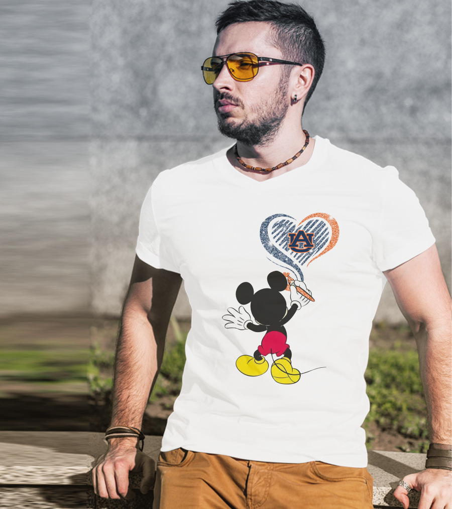 Mickey Mouse Auburn Tigers Heart Drawing T-Shirt