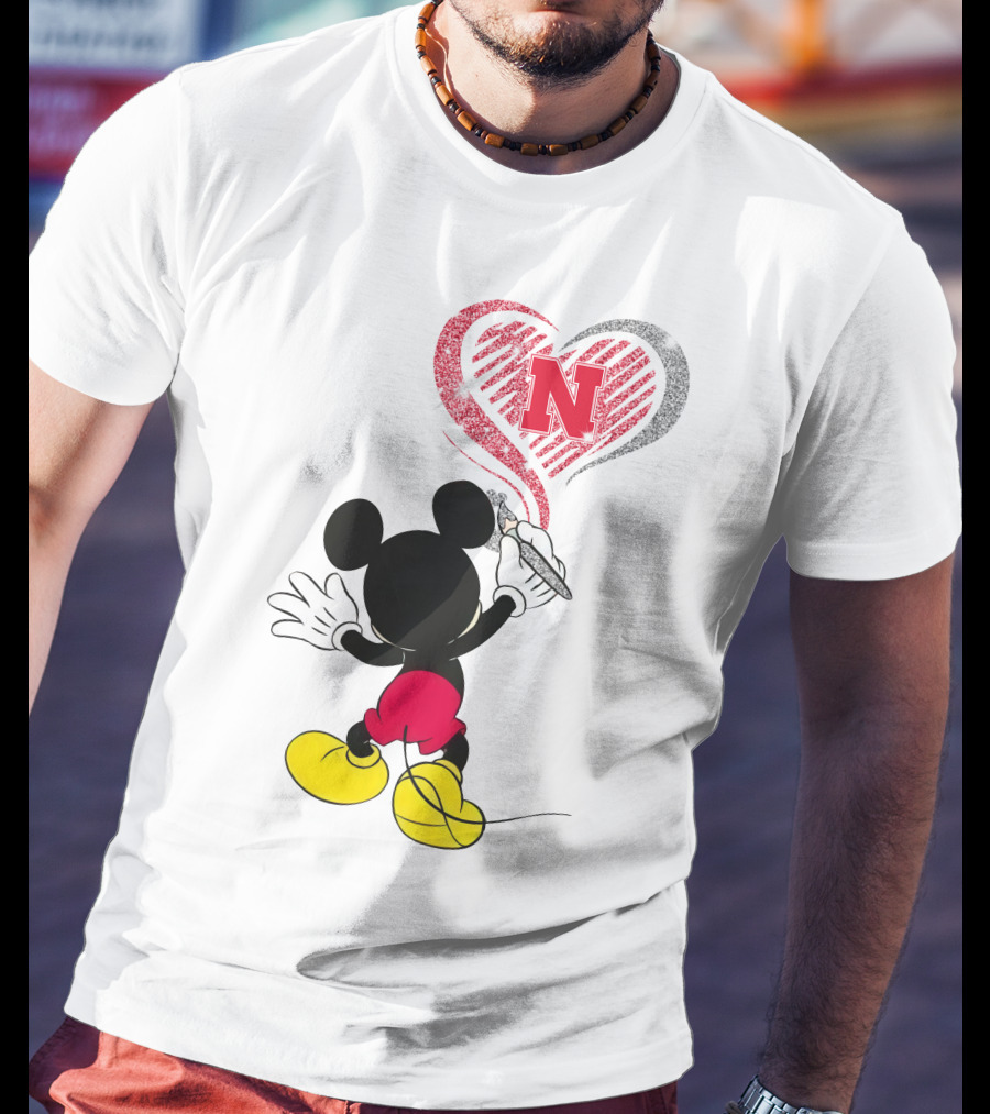 Mickey Mouse Nebraska Cornhuskers Heart Drawing T-Shirt
