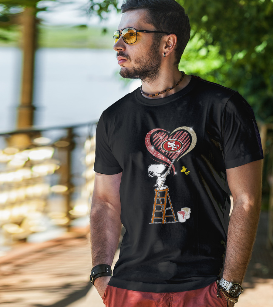 Snoopy Painting San Francisco 49ers Heart With Woodstock T-Shirt