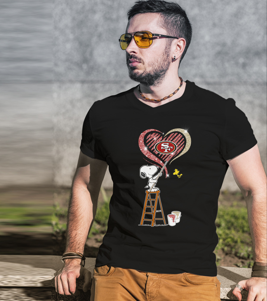 Snoopy Painting San Francisco 49ers Heart With Woodstock T-Shirt