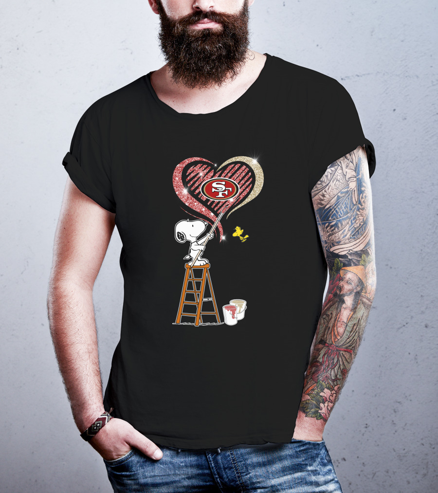 Snoopy Painting San Francisco 49ers Heart With Woodstock T-Shirt