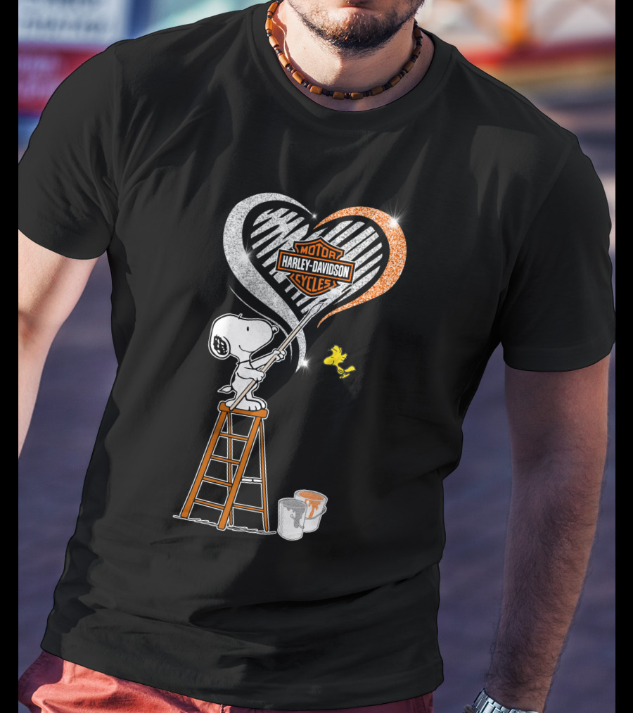 Snoopy Painting Harley Davidson Motorcycles Heart With Woodstock T-Shirt