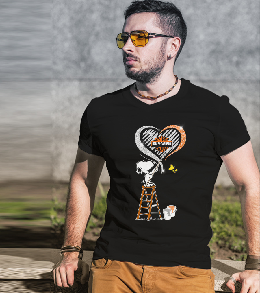 Snoopy Painting Harley Davidson Motorcycles Heart With Woodstock T-Shirt