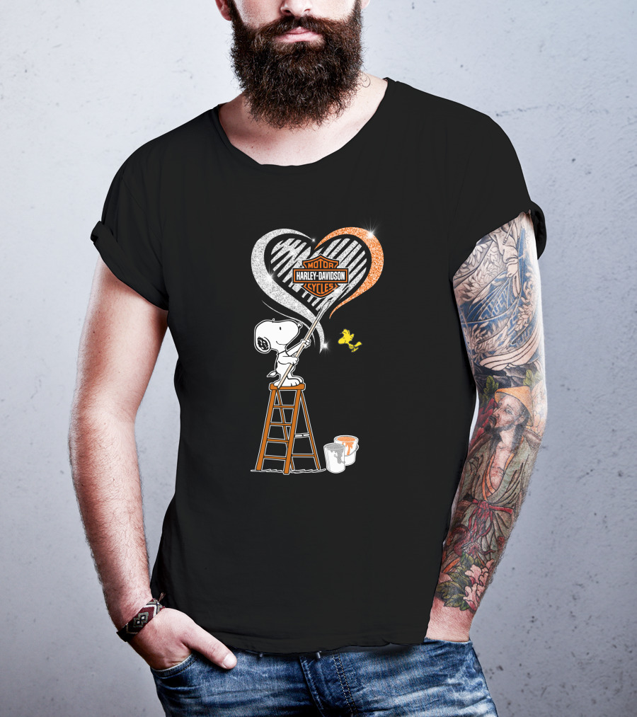 Snoopy Painting Harley Davidson Motorcycles Heart With Woodstock T-Shirt
