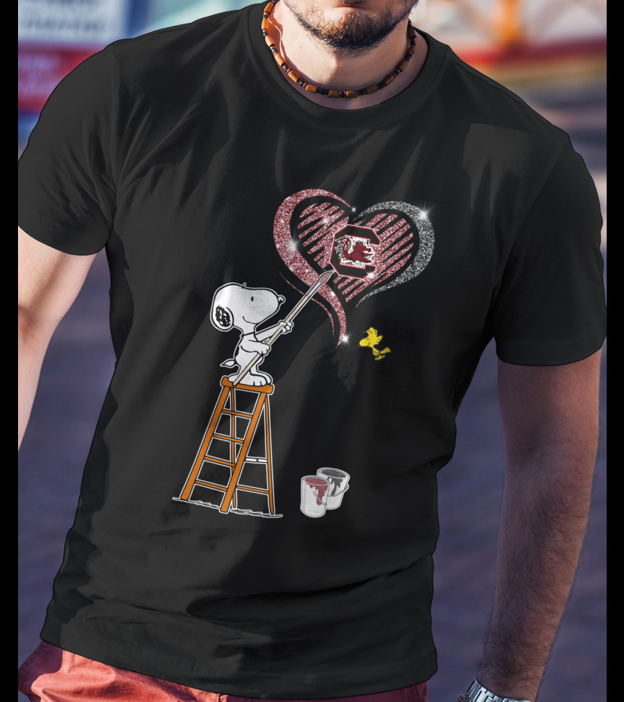 Snoopy Painting Heart South Carolina Gamecocks Logo Sparkle T-Shirt