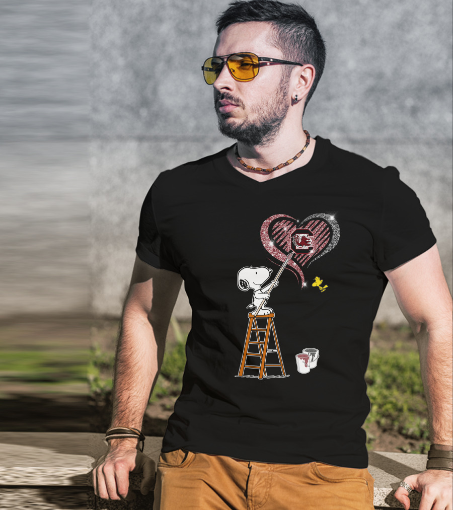 Snoopy Painting Heart South Carolina Gamecocks Logo Sparkle T-Shirt