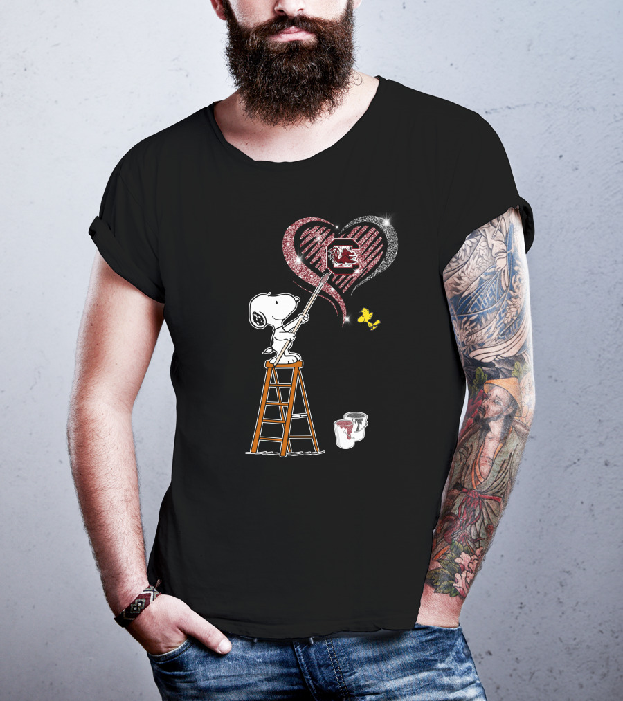 Snoopy Painting Heart South Carolina Gamecocks Logo Sparkle T-Shirt