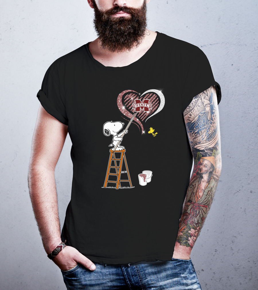 Snoopy Painting Mississippi State Heart With Woodstock T-Shirt