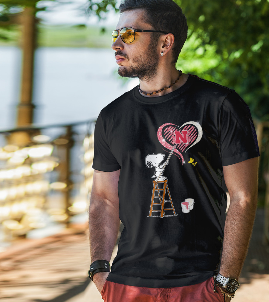 Snoopy Nebraska Huskers Heart Painting Woodstock Collaboration T-Shirt