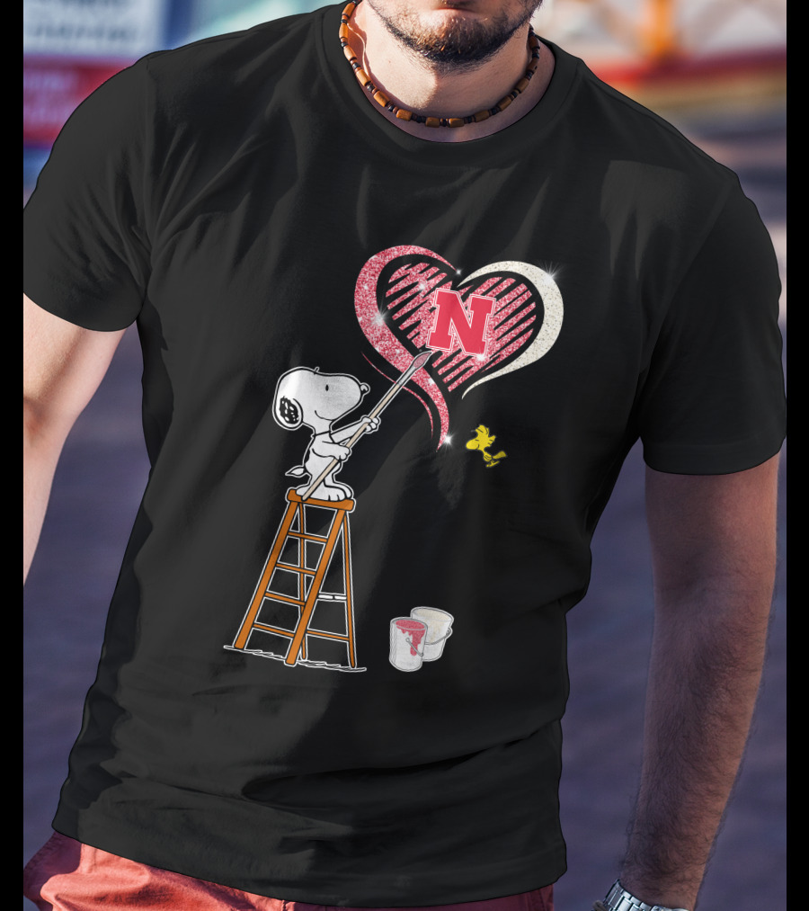 Snoopy Nebraska Huskers Heart Painting Woodstock Collaboration T-Shirt