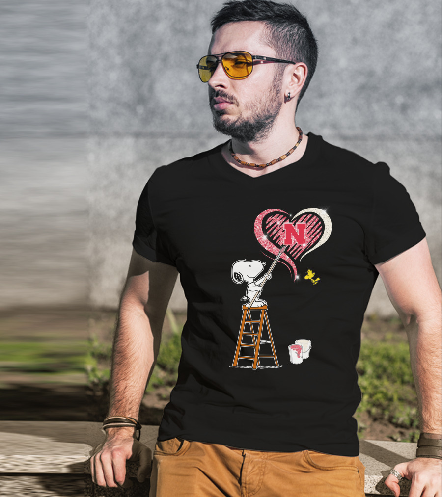 Snoopy Nebraska Huskers Heart Painting Woodstock Collaboration T-Shirt
