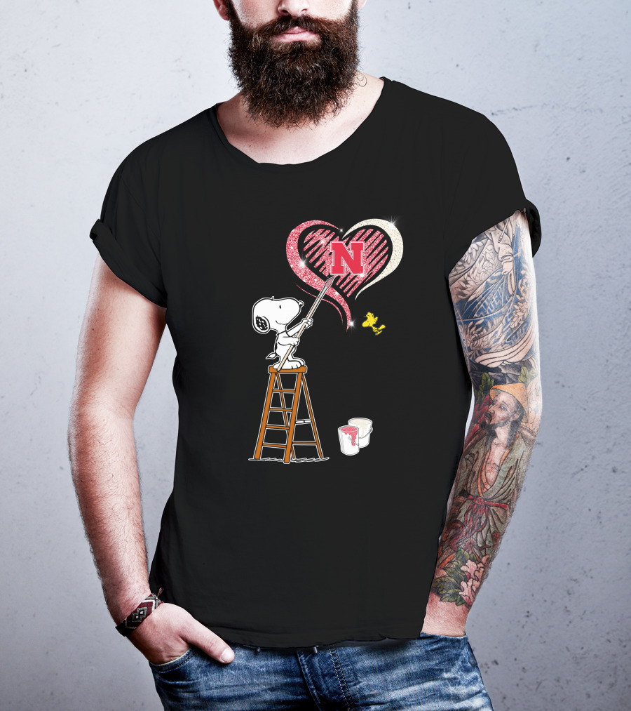 Snoopy Nebraska Huskers Heart Painting Woodstock Collaboration T-Shirt