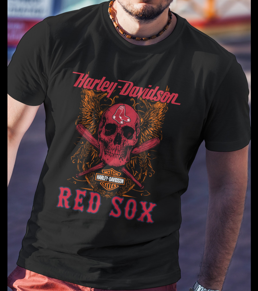 Harley Davidson Red Sox Skull Wings Motor Cycles T-Shirt