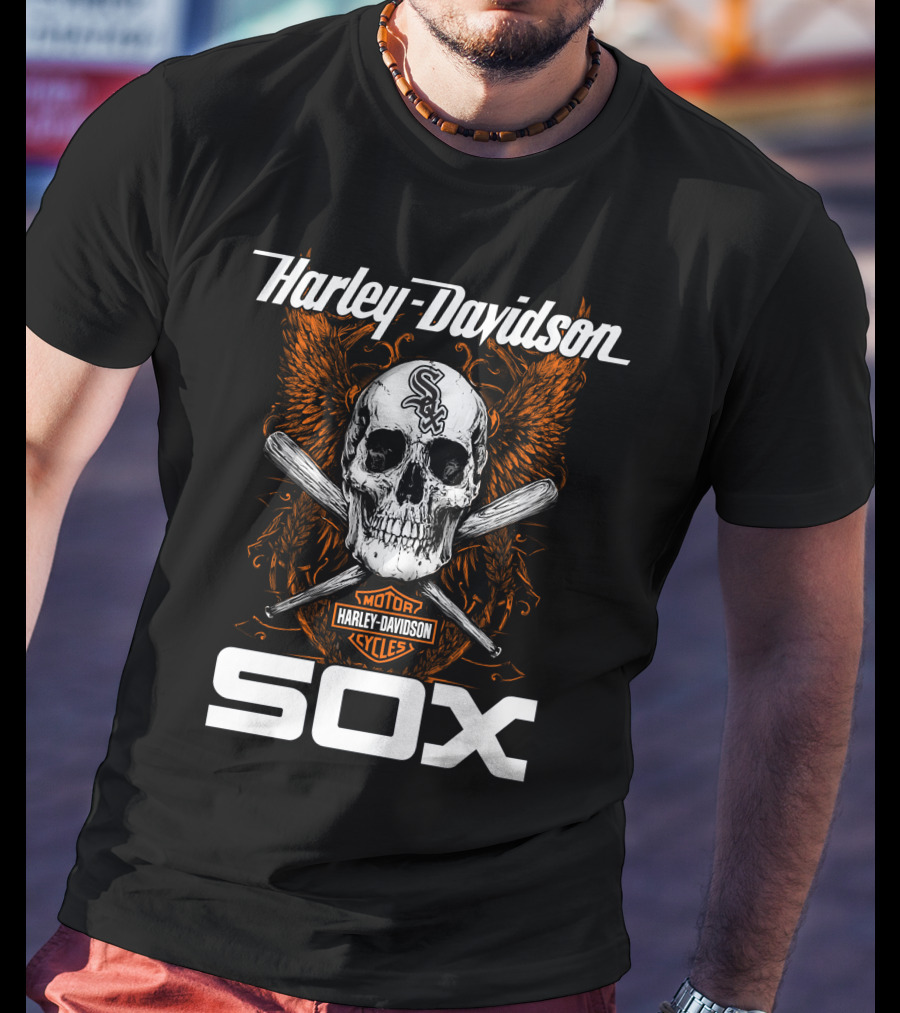 Harley Davidson Motor Cycles Chicago White Sox Skull And Crossed Bats T-Shirt