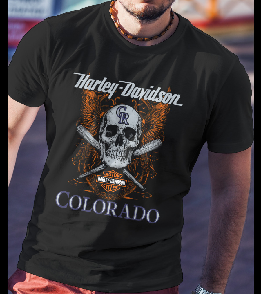 Harley Davidson Colorado Rockies Skull With Wings And Bats T-Shirt