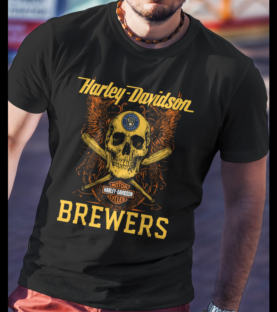 Harley Davidson Skull And Crossed Bats Milwaukee Brewers Motor Cycles T-Shirt