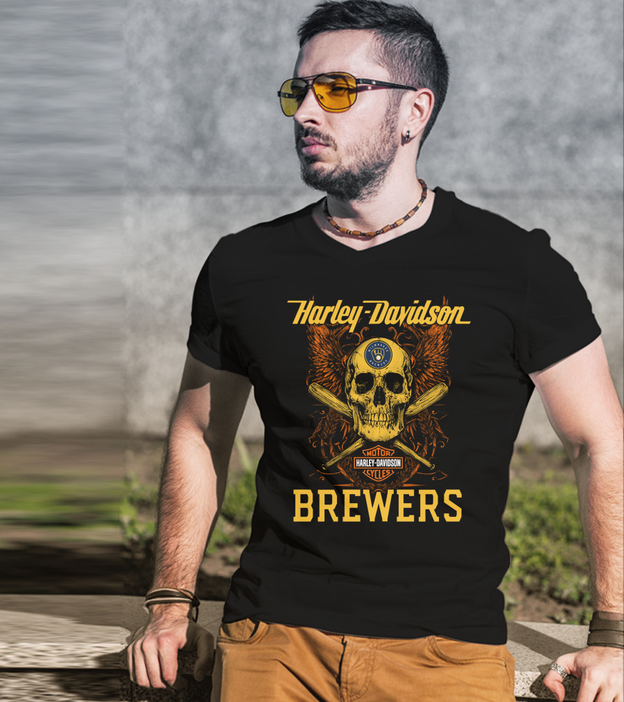 Harley Davidson Skull And Crossed Bats Milwaukee Brewers Motor Cycles T-Shirt