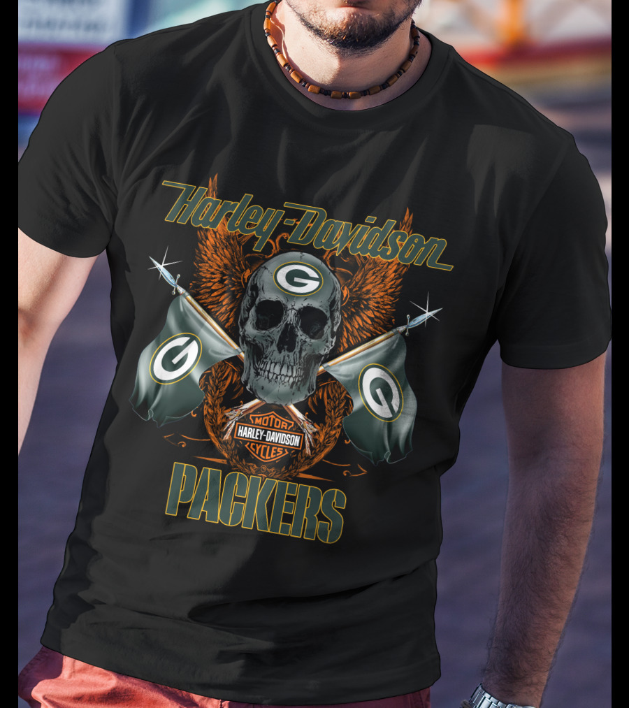 Harley Davidson Packers Skull Flags Green Bay T-Shirt