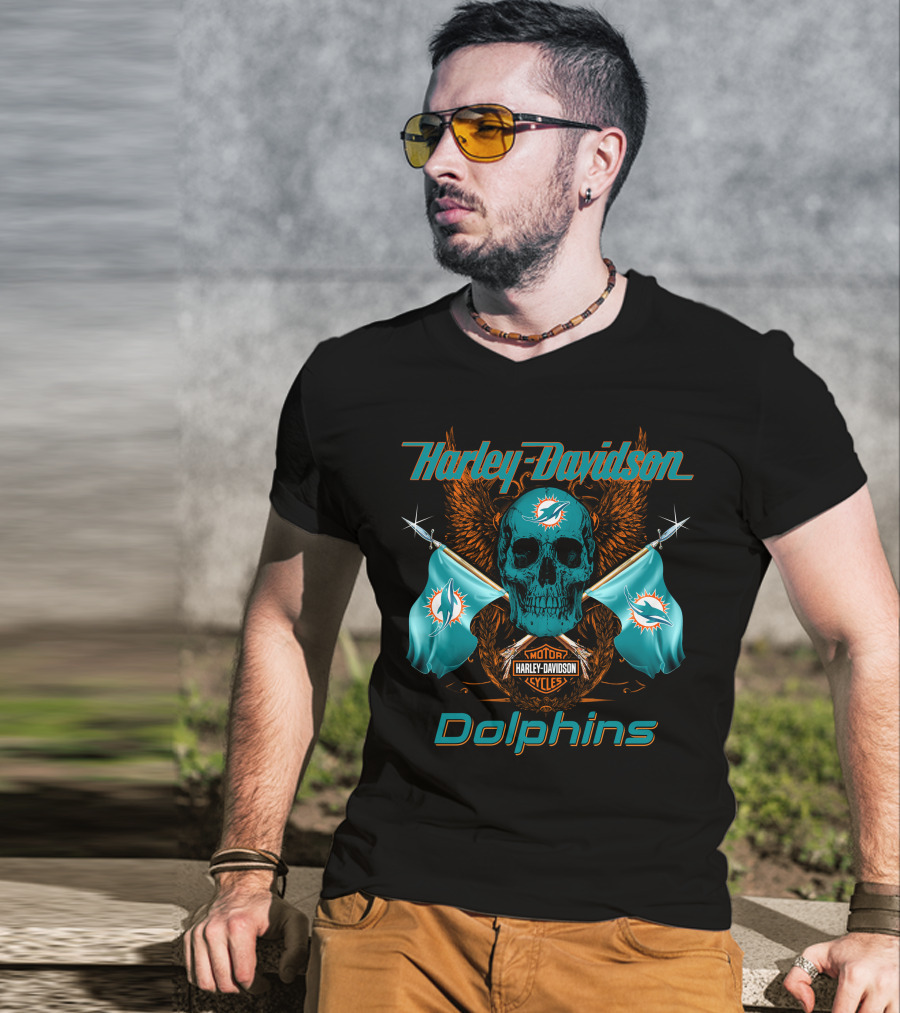 Harley Davidson Dolphins Skull Motor Cycles Flag T-Shirt