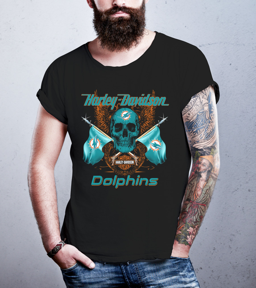 Harley Davidson Dolphins Skull Motor Cycles Flag T-Shirt