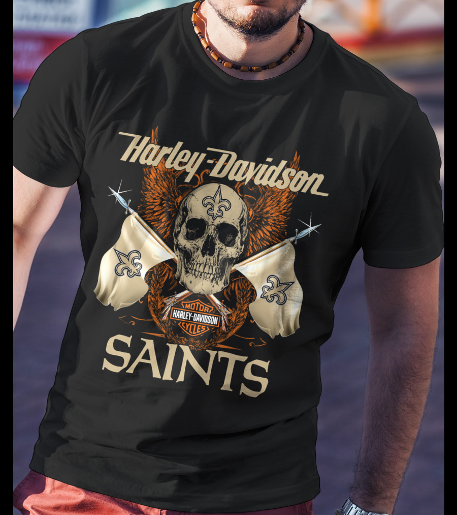 Harley Davidson Saints Skull With Fleur-De-Lis Flags And Wings T-Shirt