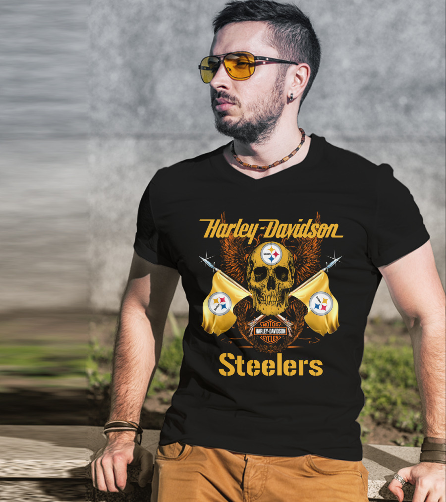 Harley Davidson Steelers Skull Flags T-Shirt