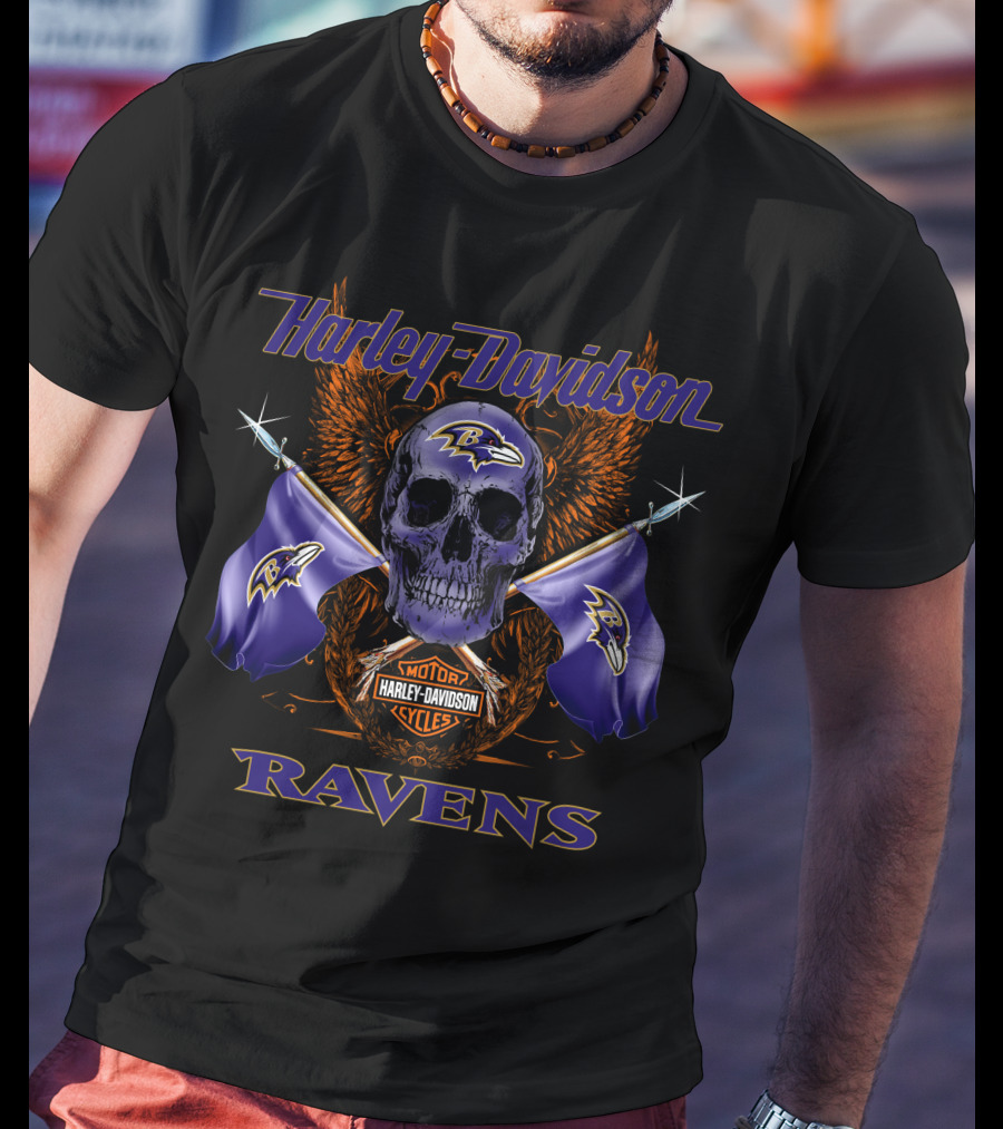 Harley Davidson Ravens Skull With Flags And Motorcycles T-Shirt