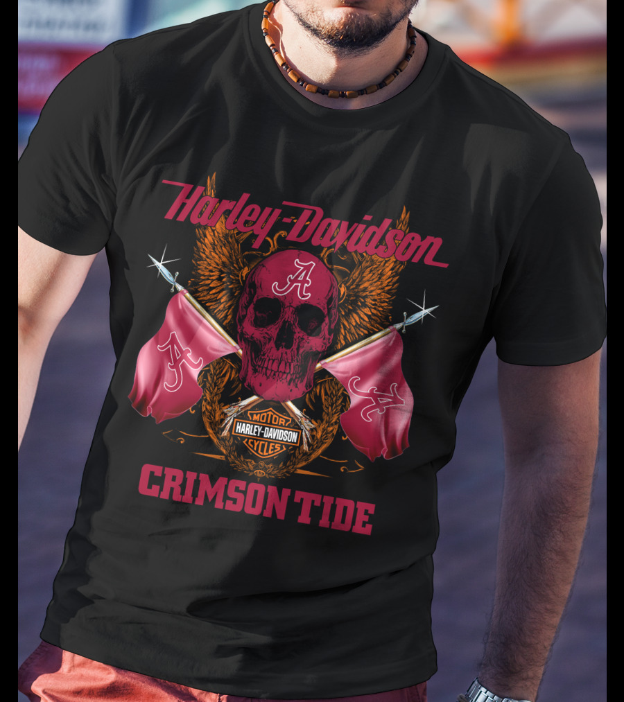 Crimson Tide Harley Davidson Skull And Flags T-Shirt