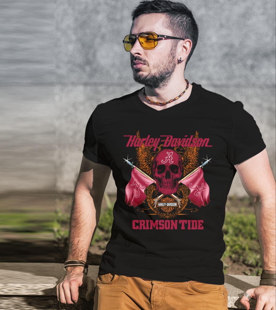 Crimson Tide Harley Davidson Skull And Flags T-Shirt