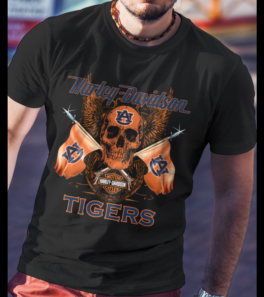 Harley Davidson Auburn Tigers Skull And Flags T-Shirt