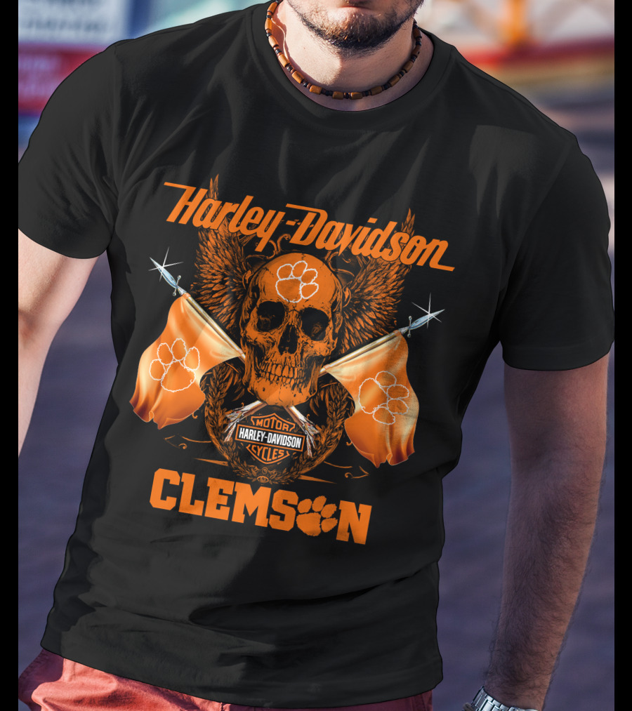 Harley Davidson Clemson Skull With Orange Flags And Paw Print T-Shirt