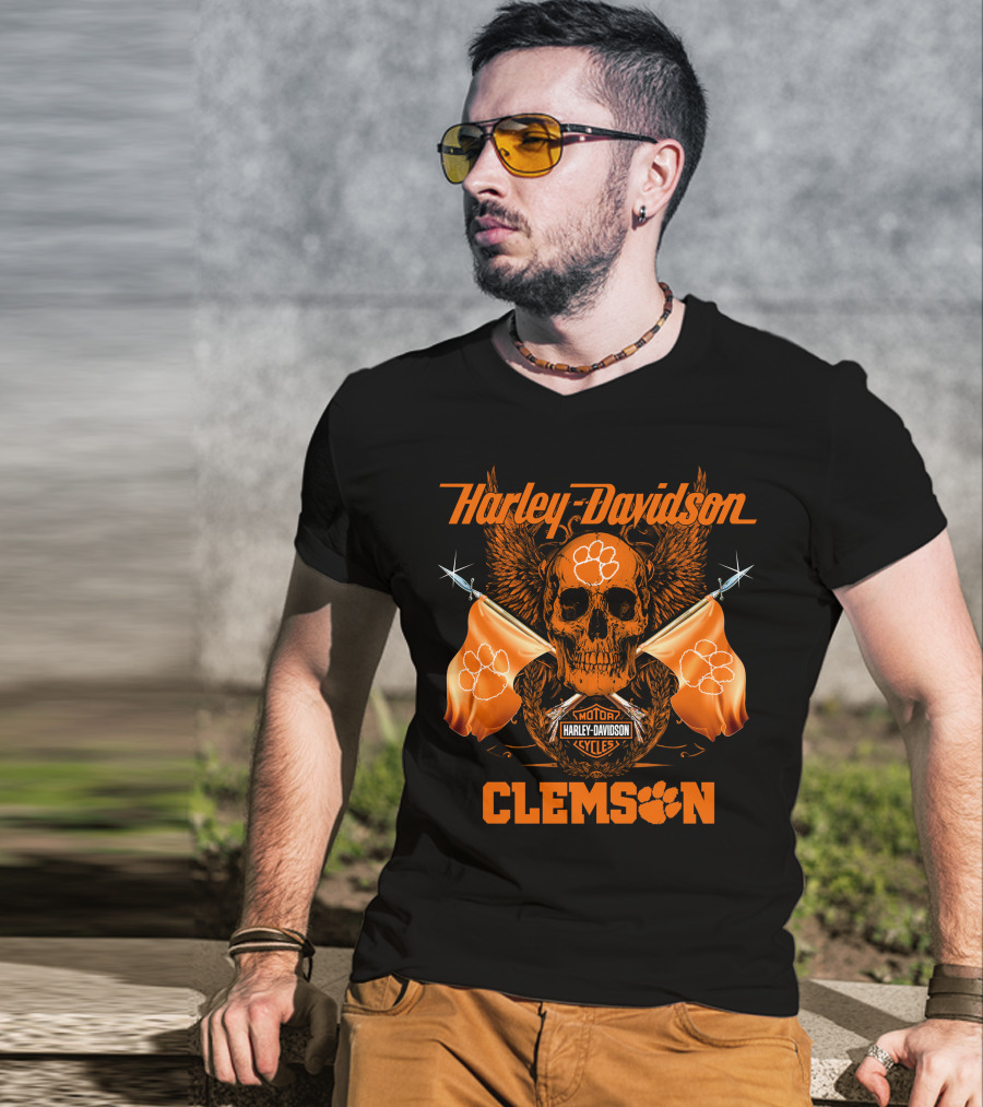 Harley Davidson Clemson Skull With Orange Flags And Paw Print T-Shirt