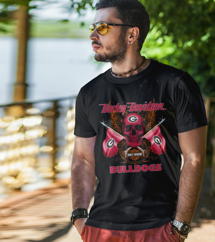 Harley Davidson Bulldogs Georgia Skull Flags T-Shirt