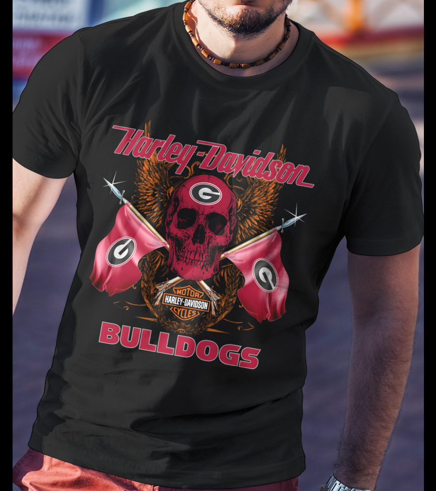 Harley Davidson Bulldogs Georgia Skull Flags T-Shirt