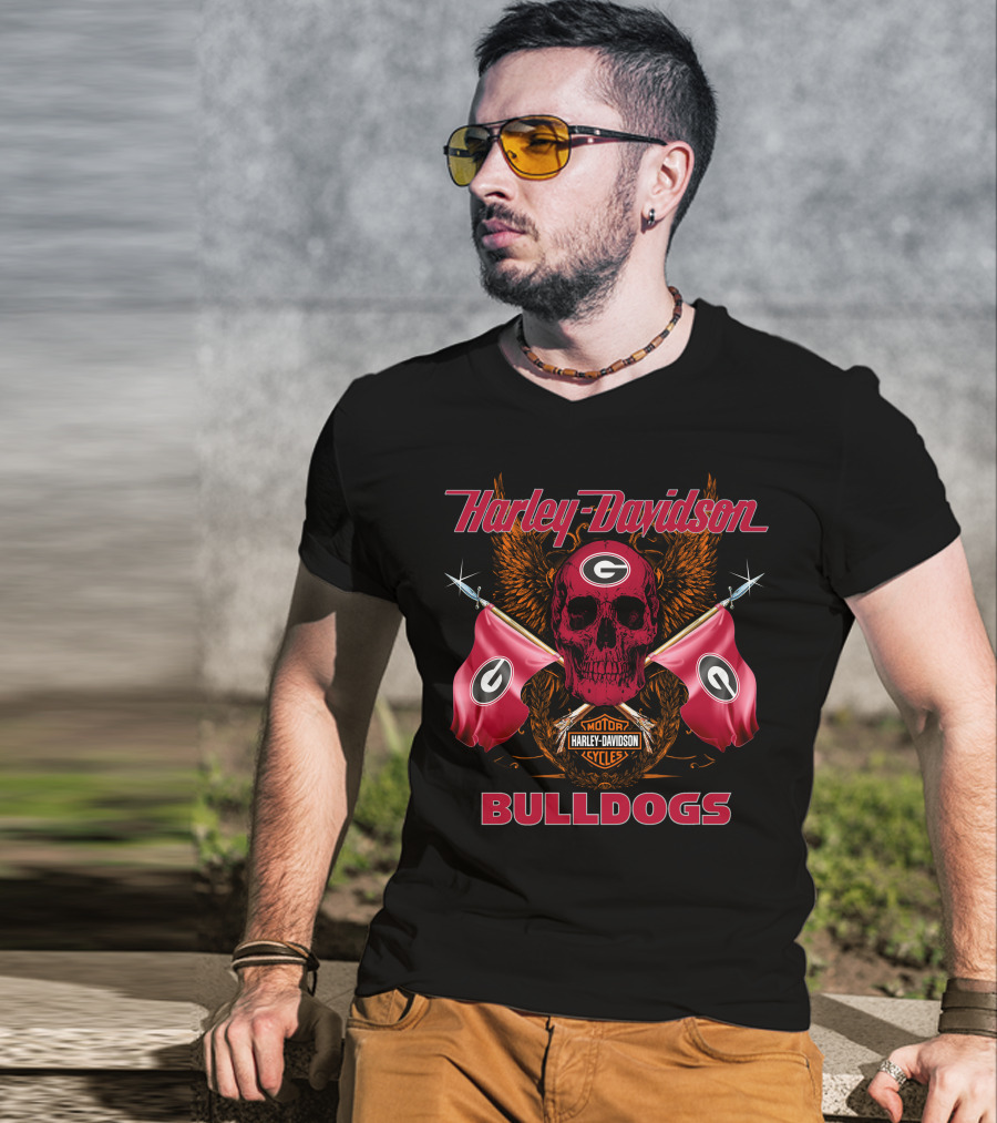 Harley Davidson Bulldogs Georgia Skull Flags T-Shirt