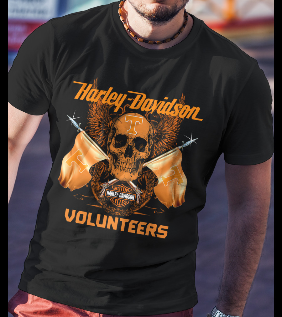 Harley Davidson Volunteers Skull Orange Flags Winged T-Shirt