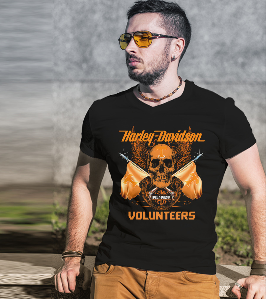 Harley Davidson Volunteers Skull Orange Flags Winged T-Shirt