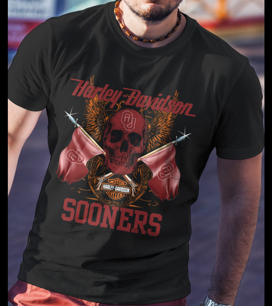 Harley Davidson Sooners Skull Flags Oklahoma University T-Shirt
