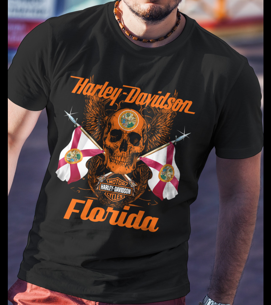 Harley Davidson Florida Skull With Flags And Logo Motif T-Shirt