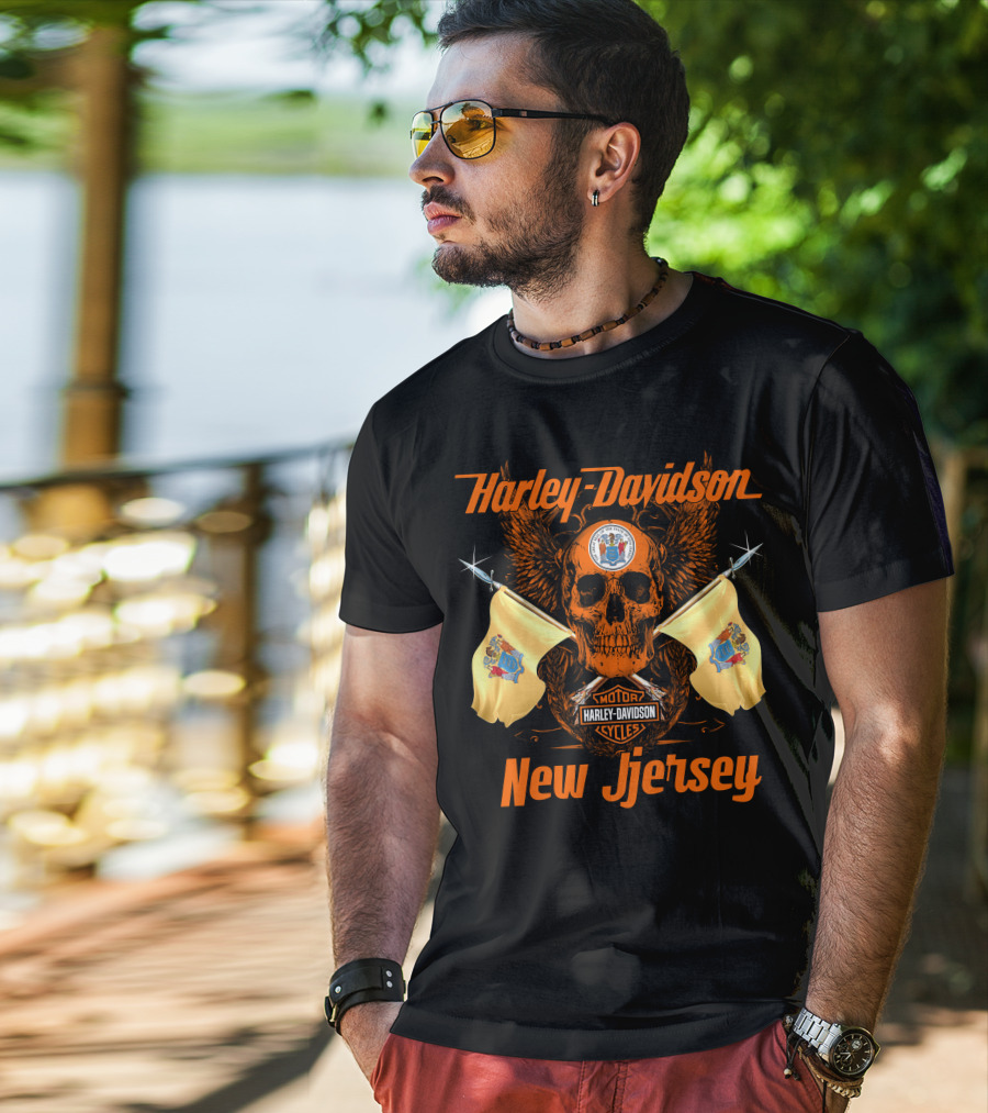 Harley Davidson New Jersey Skull Flags Motorcycle Cycles T-Shirt