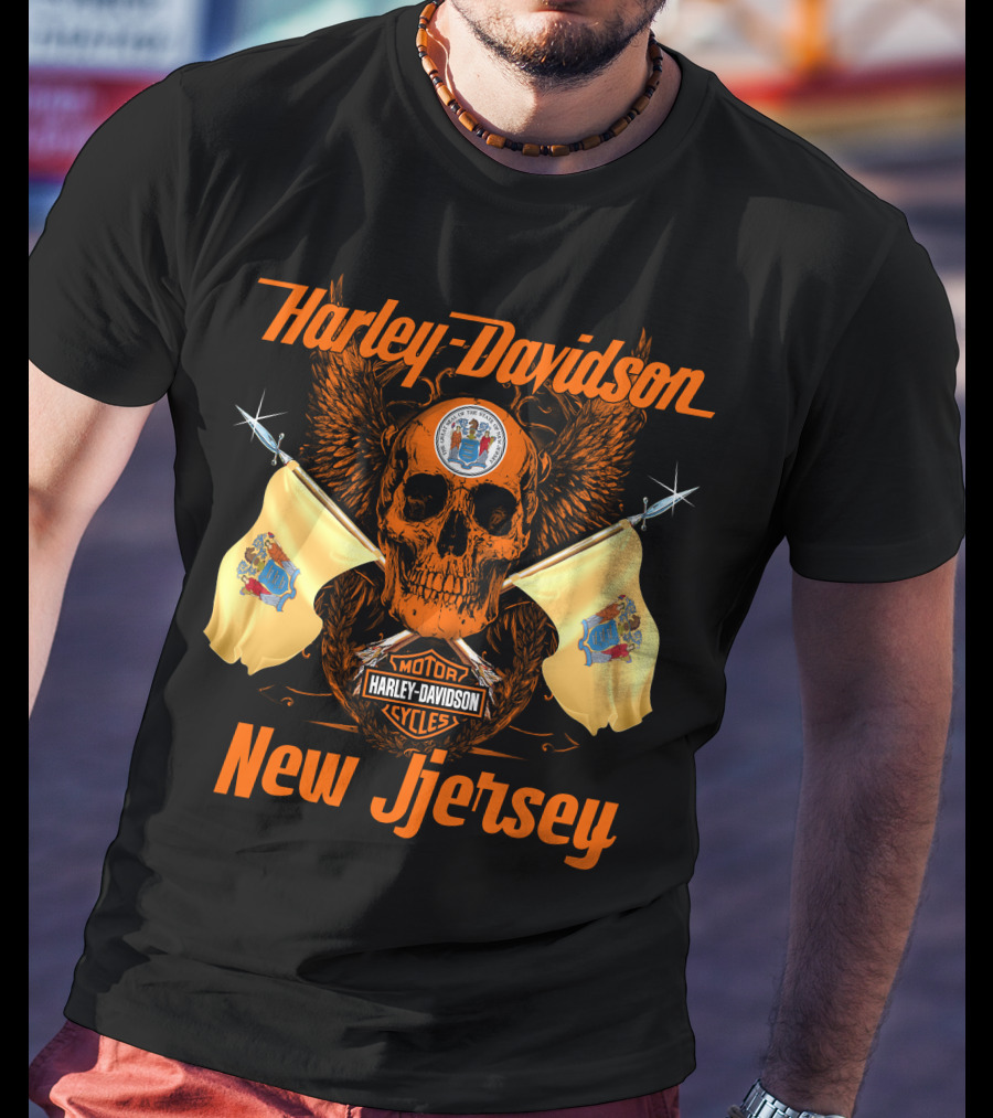 Harley Davidson New Jersey Skull Flags Motorcycle Cycles T-Shirt