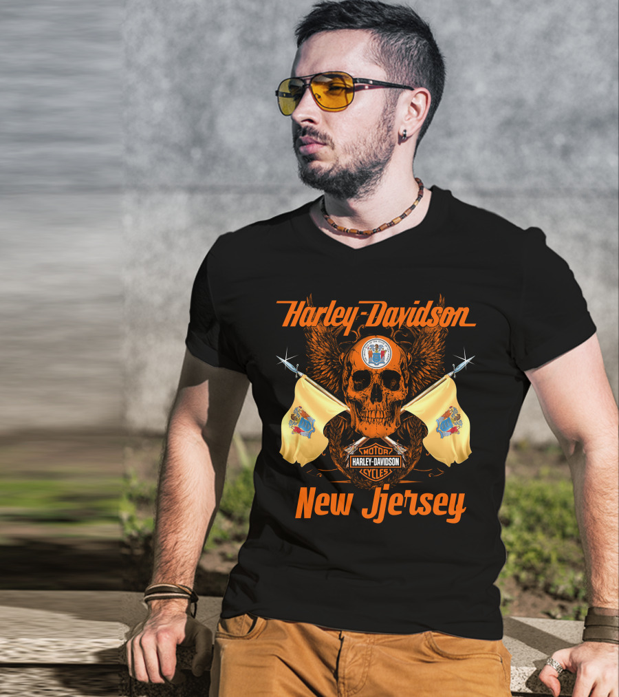 Harley Davidson New Jersey Skull Flags Motorcycle Cycles T-Shirt