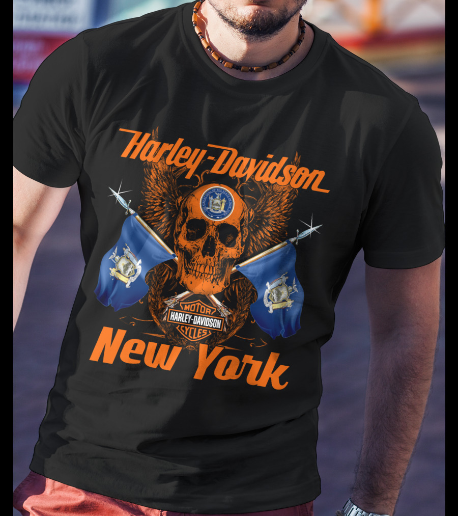 Harley Davidson New York Skull With State Flags And Motor Cycles T-Shirt