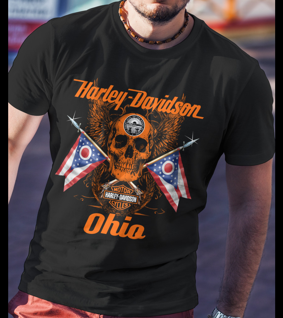 Harley Davidson Ohio Skull With Flags And Wings T-Shirt