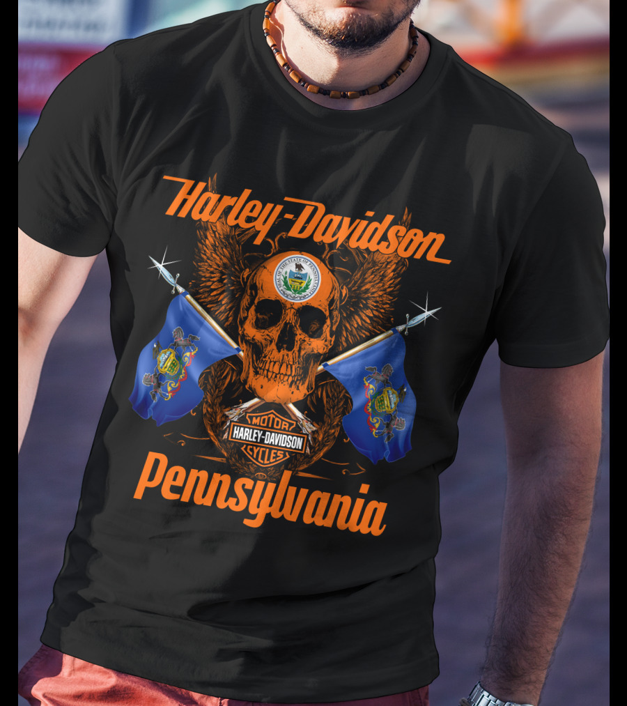 Harley Davidson Pennsylvania Skull With Flags And Wings T-Shirt