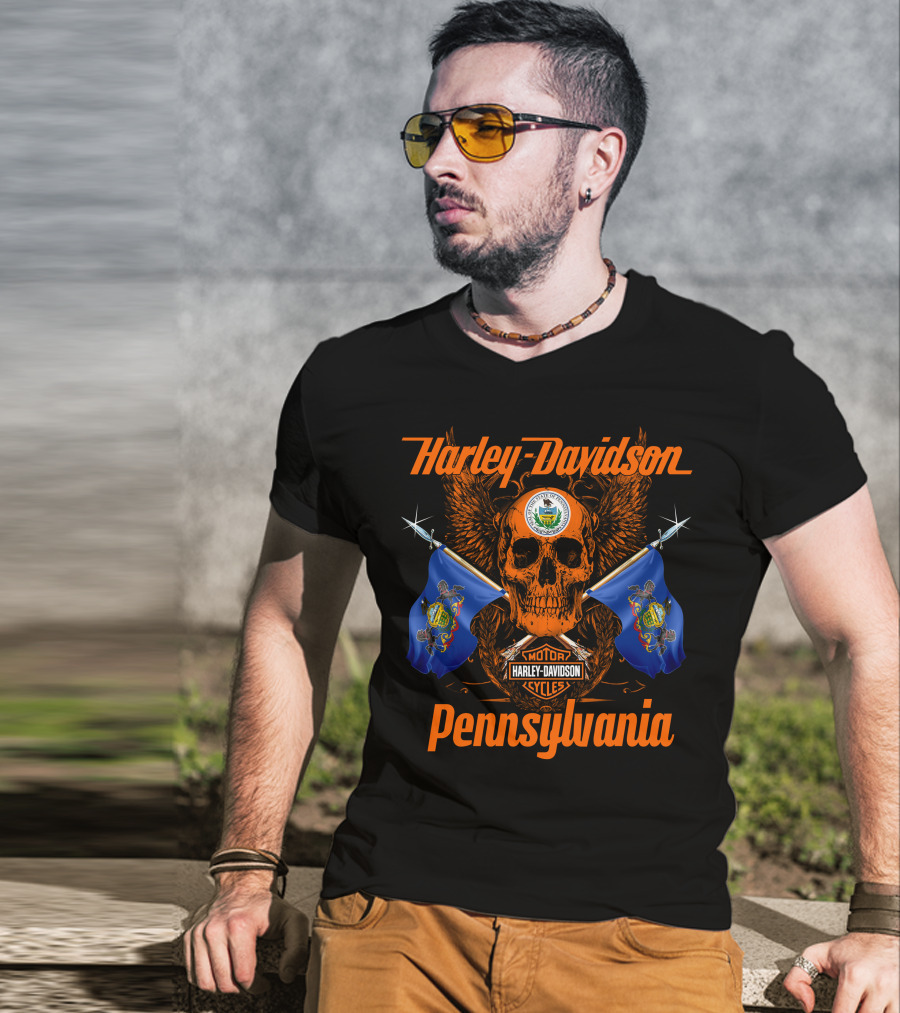 Harley Davidson Pennsylvania Skull With Flags And Wings T-Shirt