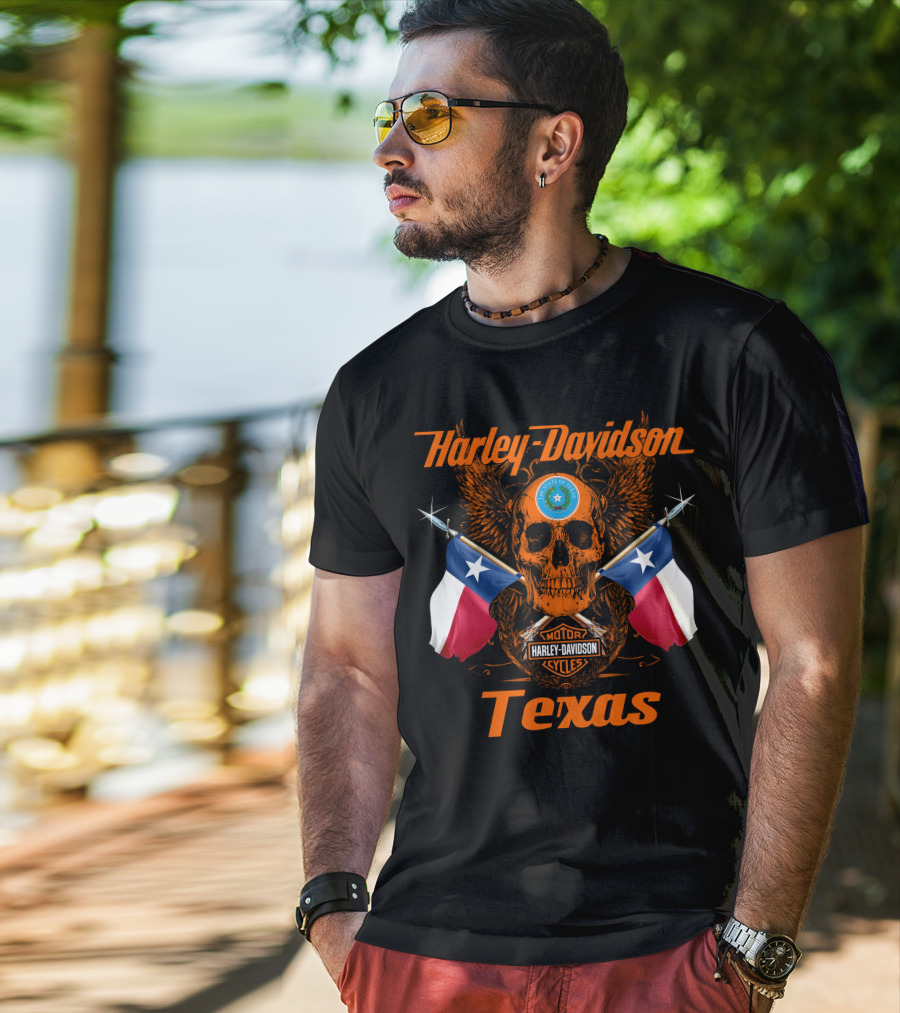 Harley Davidson Texas Skull And Crossed Flags With State Seal And Cycles T-Shirt