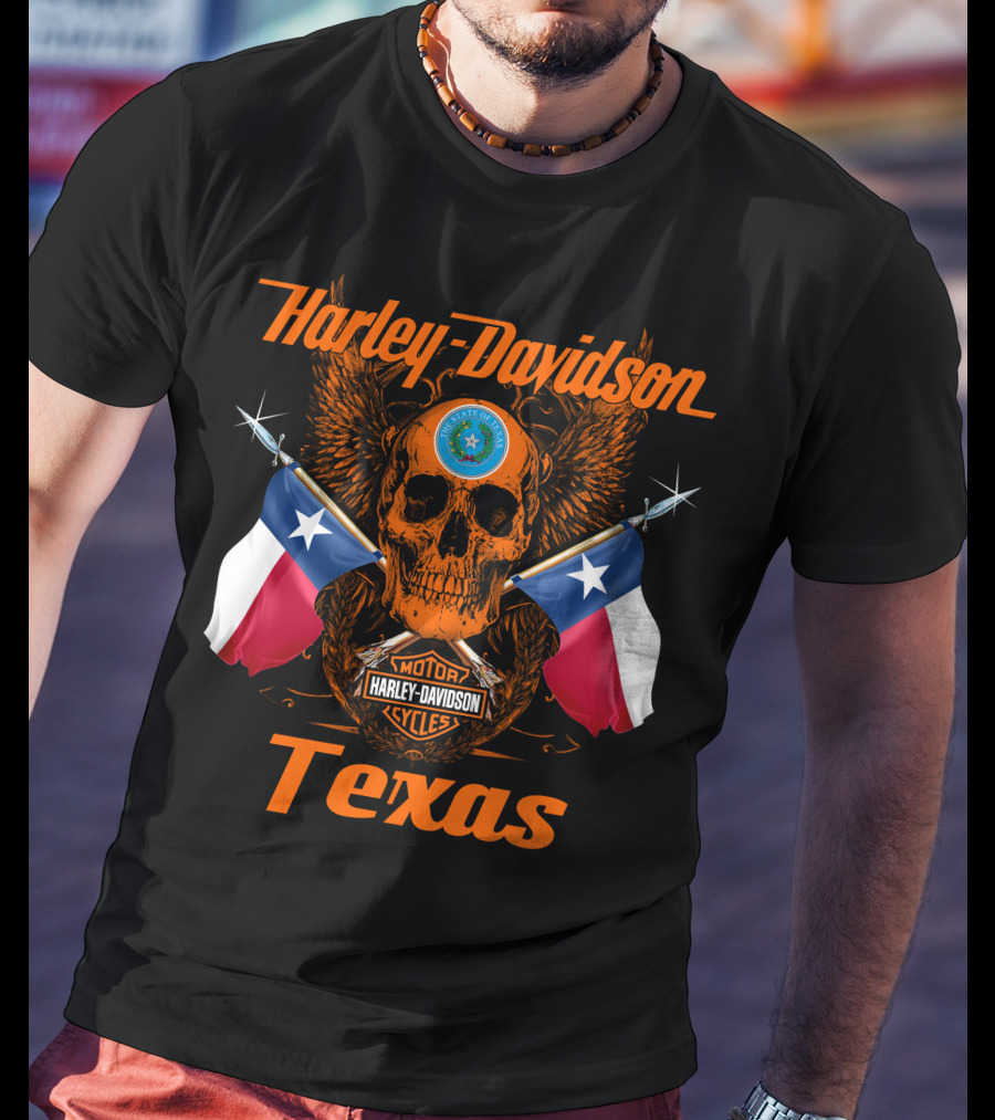Harley Davidson Texas Skull And Crossed Flags With State Seal And Cycles T-Shirt