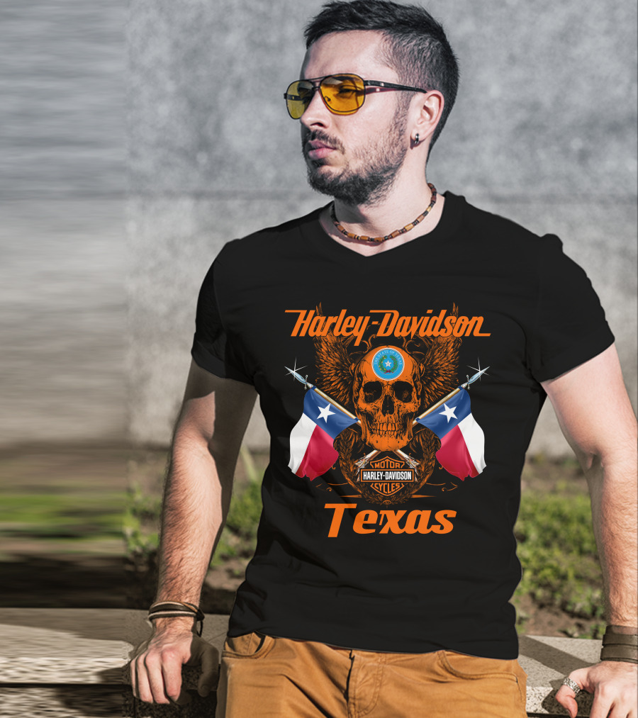 Harley Davidson Texas Skull And Crossed Flags With State Seal And Cycles T-Shirt