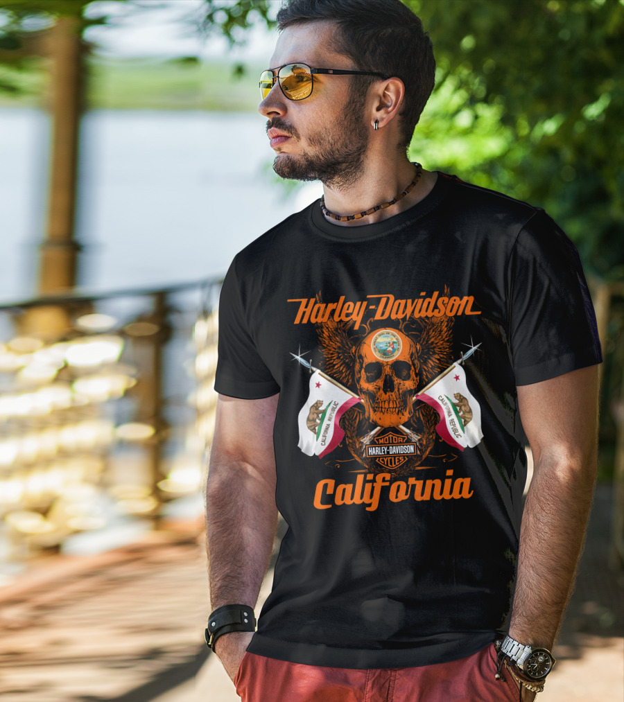 Harley Davidson California Republic Skull And Flags T-Shirt